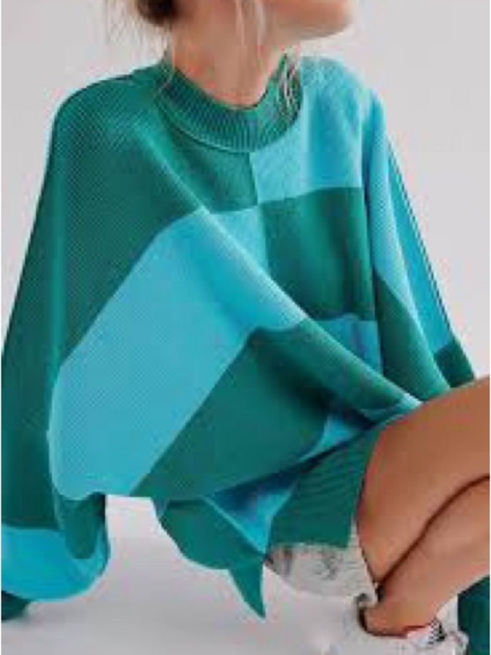 Free People Teal & Aqua Oversized Striped Crew Sweater